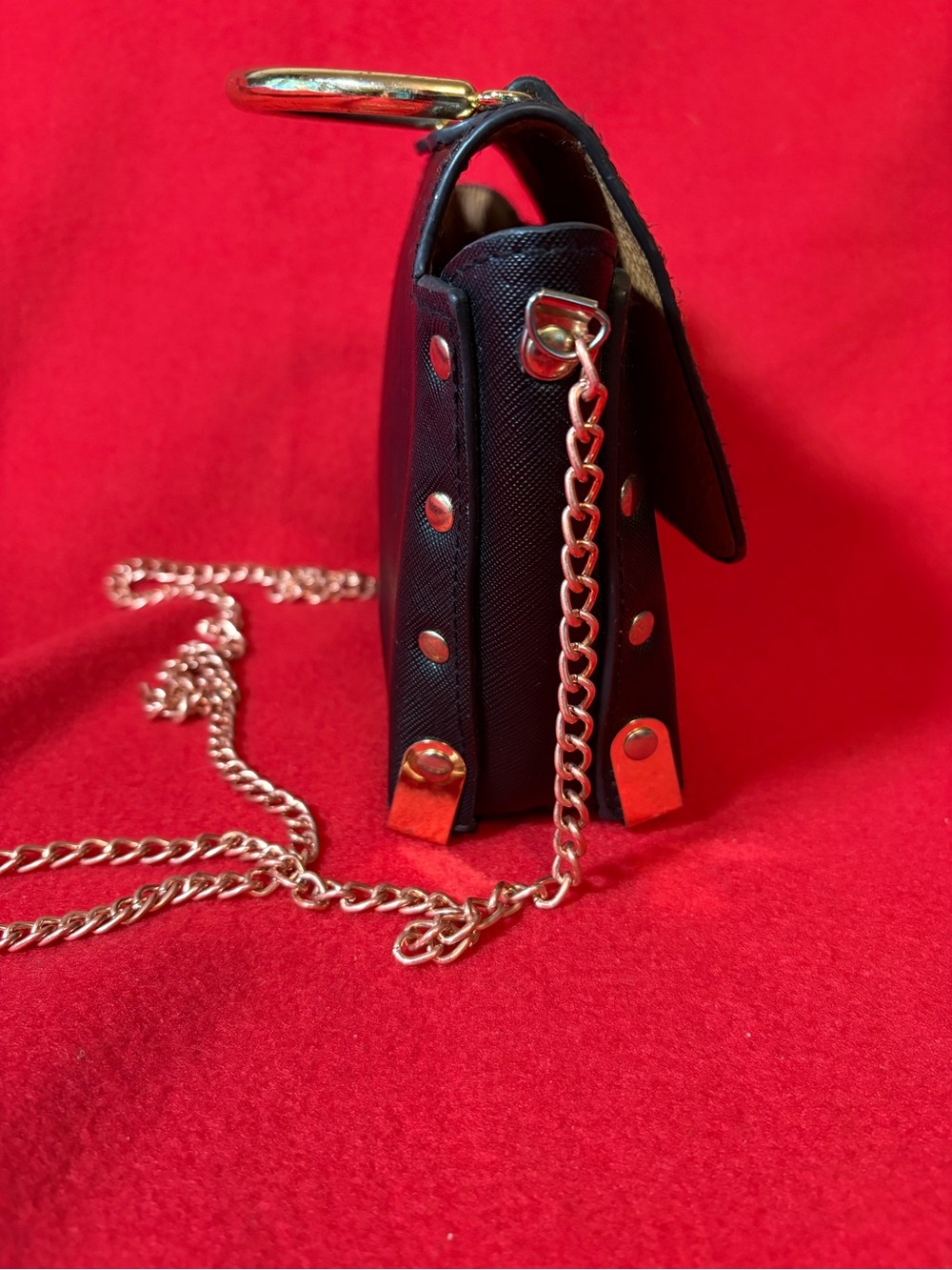 Black Mini Studded Faux Leather Crossbody Top Handle Satchel Gold Chain Bag - Picture 7 of 12